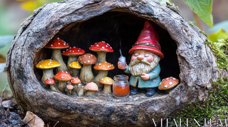 AI ART Enchanted Gnome in Log with Fungi