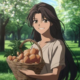 Smiling Anime Girl with Peaches in Blooming Orchard