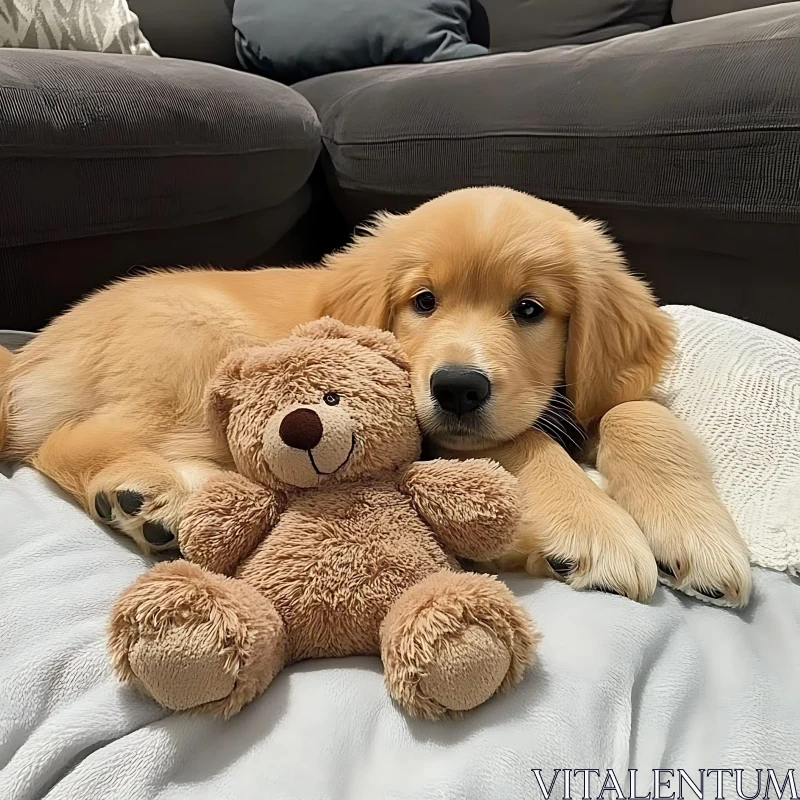 AI ART Golden Retriever Puppy Relaxing with Plush Toy