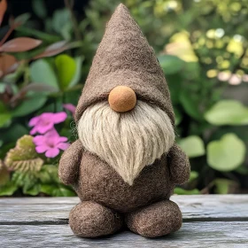 Brown Felt Gnome with Garden Backdrop