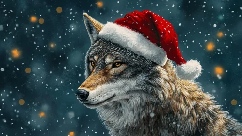 Wolf with Santa Hat in Winter