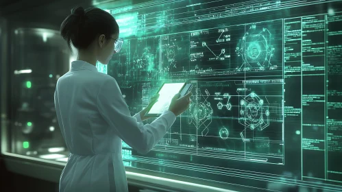 Scientist Examining Tech Blueprints