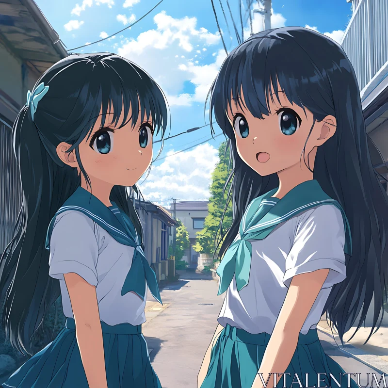 Sunlit Alley with Anime Schoolgirls AI Image