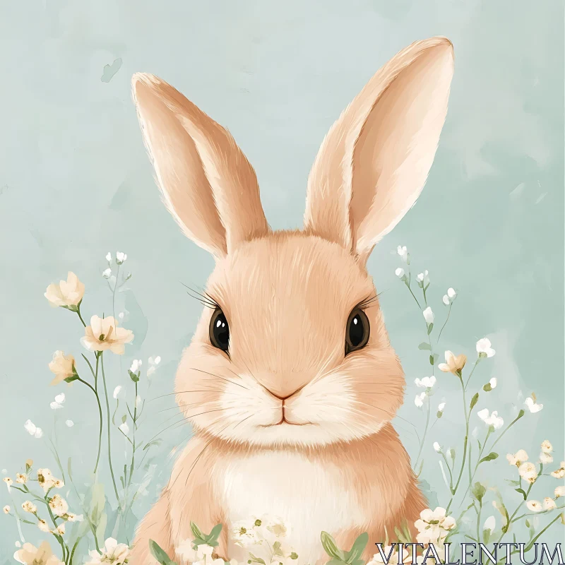 Watercolor Bunny with Floral Accents AI Image