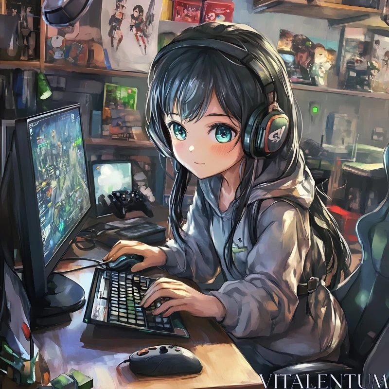 Focused Anime Gamer at Desk AI Image