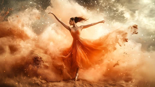 Elegant Ballerina in Motion Amid Sandstorm