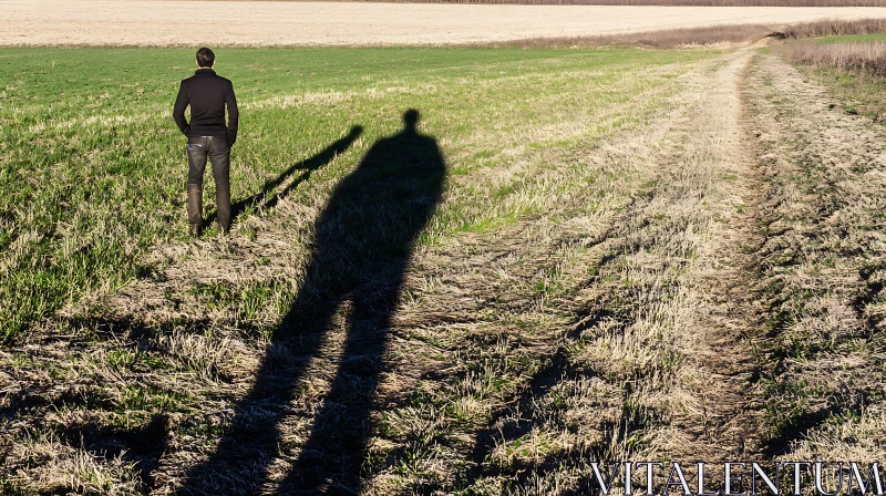 Man's Shadow in a Grassy Field AI Image