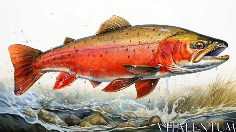 Bronze Trout Jumping in Crimson Waters: A Wilderness Depiction AI Image