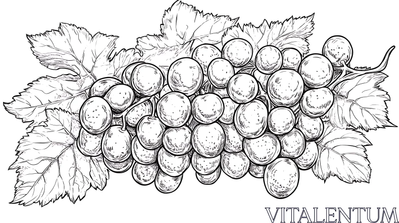 AI ART Monochrome Grapes and Leaves Line Art