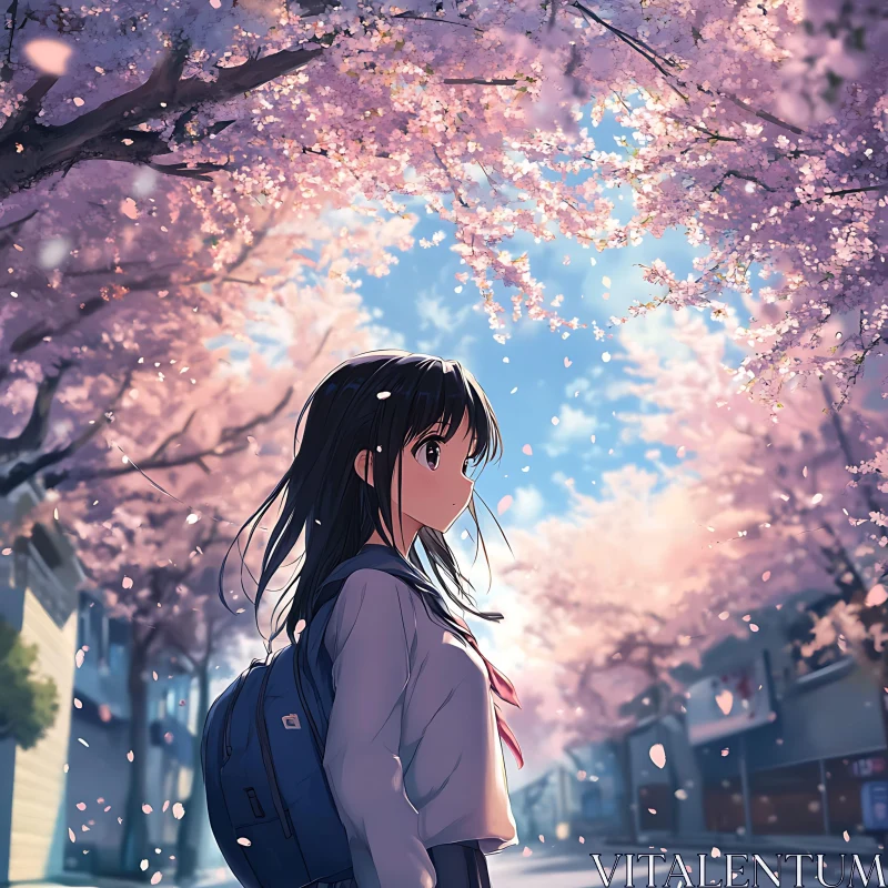 Serene Anime Scene with Cherry Blossoms AI Image