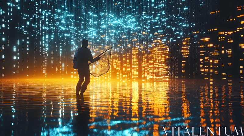 Man with Net in Glowing City Reflection AI Image