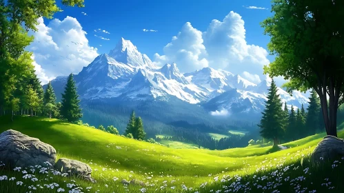 Snowy Peaks and Verdant Valley View