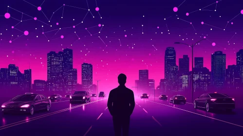 Purple Futuristic Cityscape with Silhouette