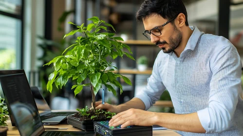 Creative Man Working with Nature and Tech