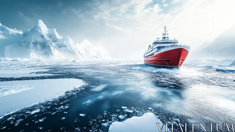 Arctic Expedition: Red Ship Amidst Icebergs AI Image