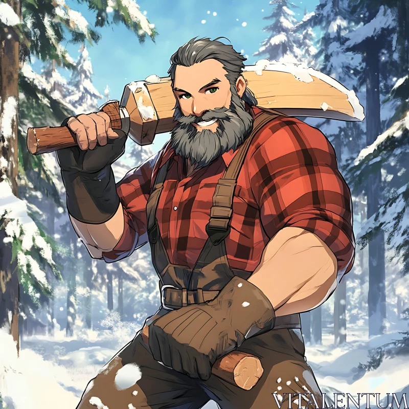 Muscular Cartoon Lumberjack with Axe in Winter Forest AI Image