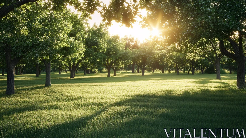 Peaceful Forest Meadow with Sunlit Trees AI Image