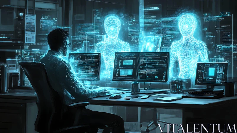 Man Coding in a Futuristic Office with Holograms AI Image