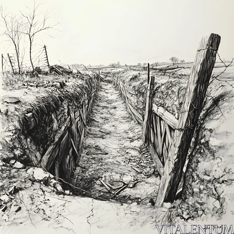 AI ART Monochrome Trench Sketch: Echoes of War