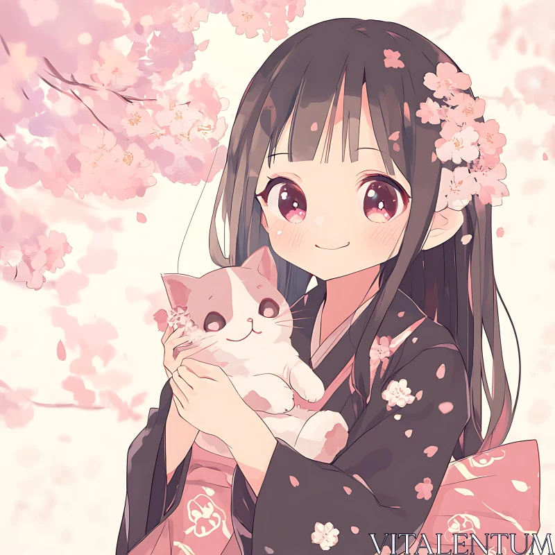 Serene Anime Portrait of Girl with Cat and Cherry Blossoms AI Image