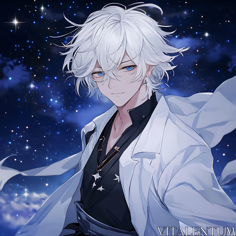 White-Haired Anime Character in Starry Night AI Image