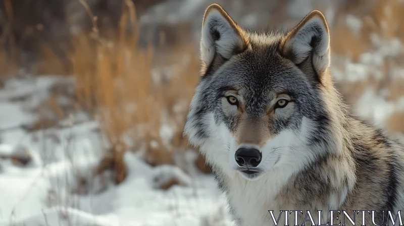 Close-Up of a Wolf in Snowy Ambiance AI Image