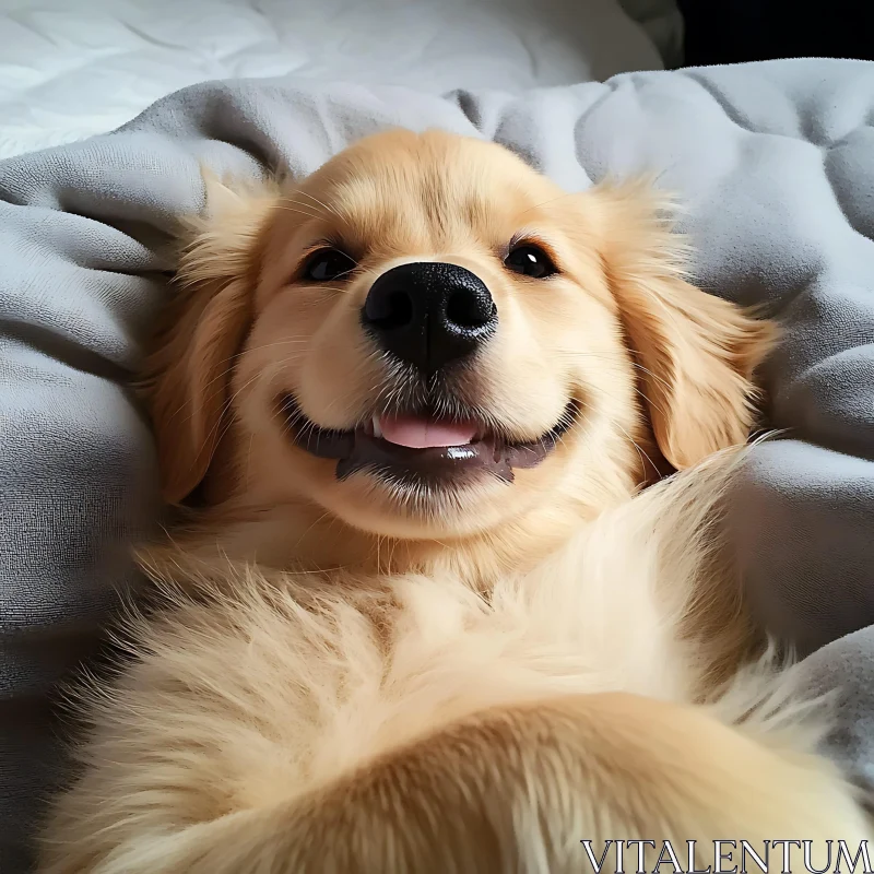 Happy Golden Retriever Puppy Cozy on a Blanket AI Image