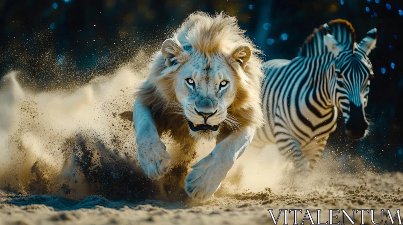 Running Lion with Zebra AI Image