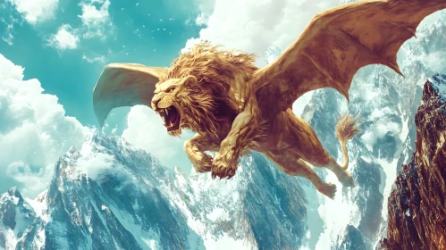 Mythical Lion with Wings in Flight