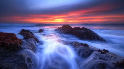 Sunset Over Rocky Coastline with Waves