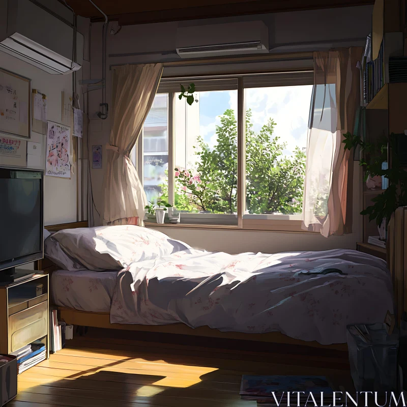 Sunlit Bedroom with Cozy Ambiance and Plant Decor AI Image