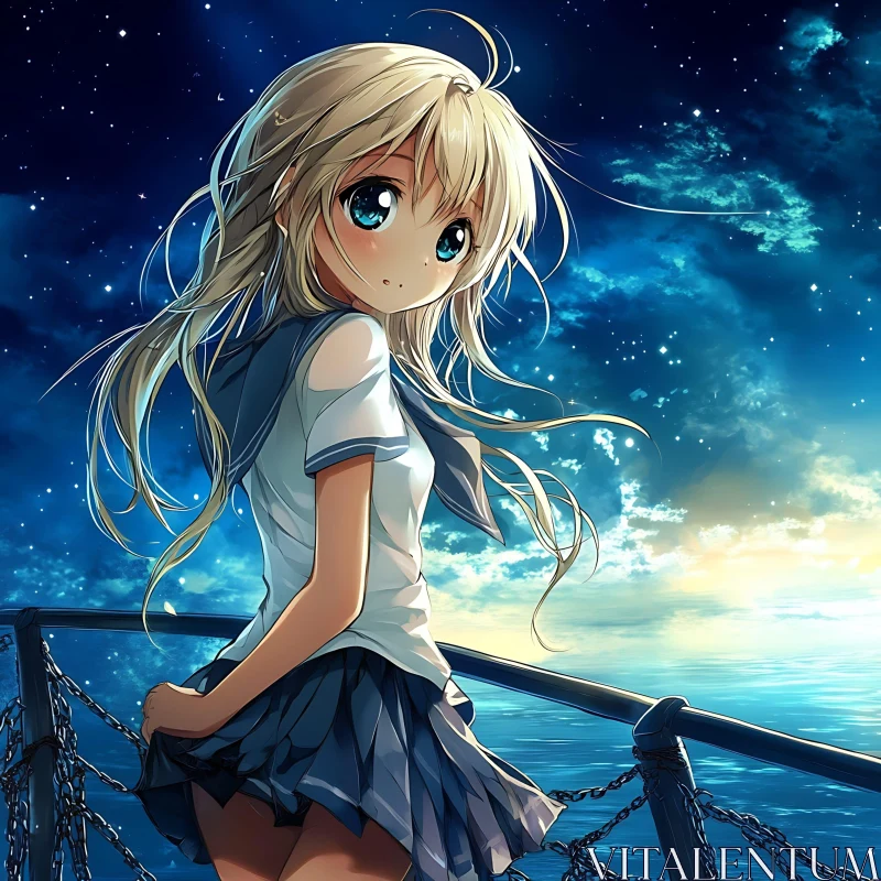 Blonde Anime Girl under Starry Night Sky AI Image