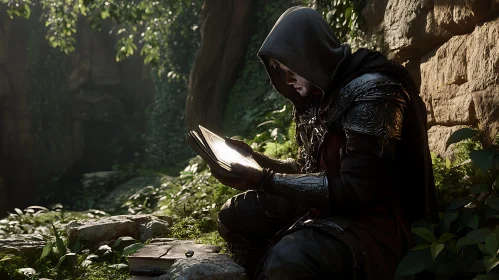 Hooded Figure Reading in Sunlight