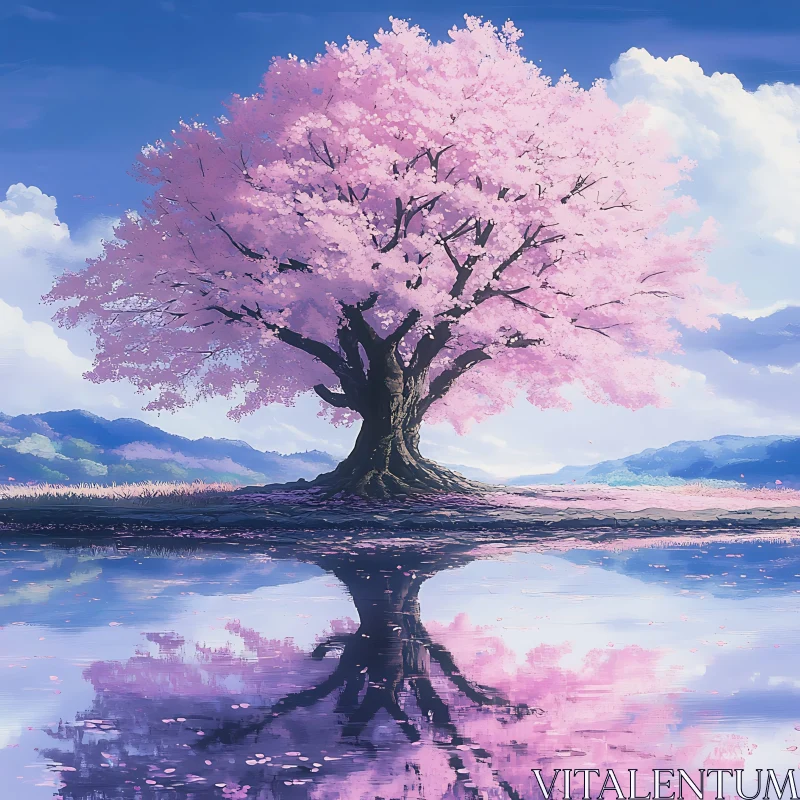 AI ART Serene Landscape with Reflecting Blossom Tree