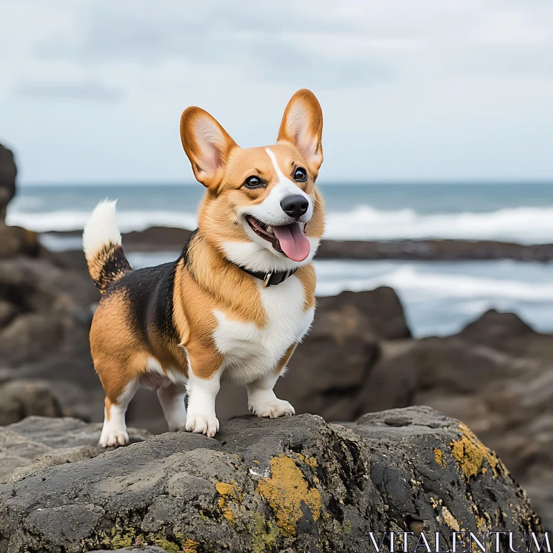 Joyful Corgi on Coastal Rocks AI Image