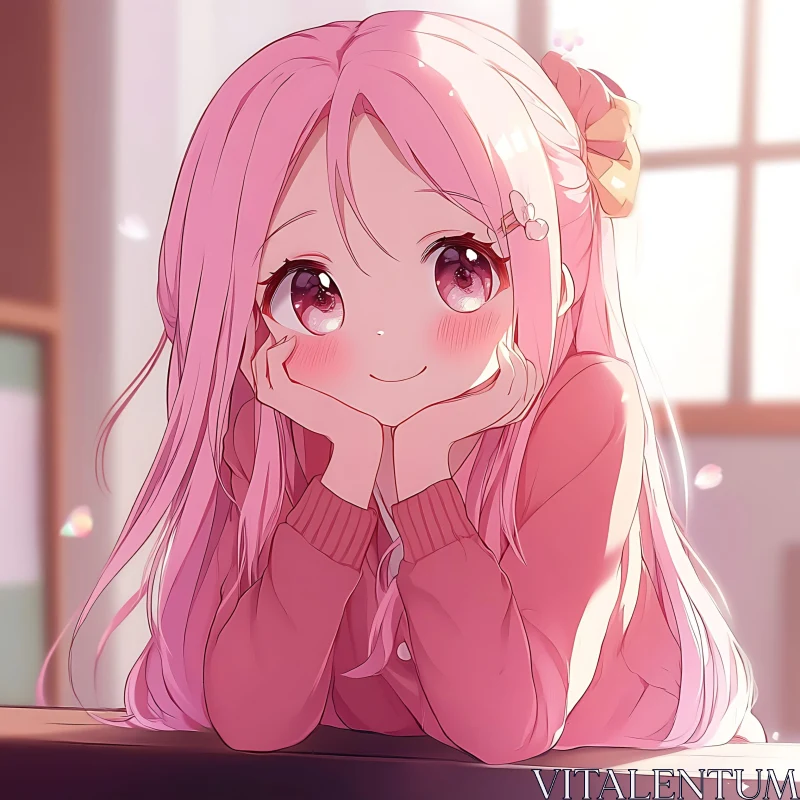 Pink-Haired Anime Girl Smiling in Classroom AI Image