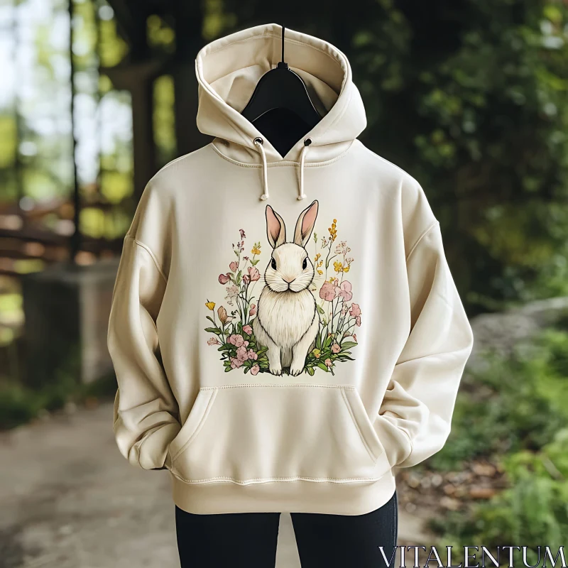 Beige Hoodie with Rabbit and Flowers AI Image