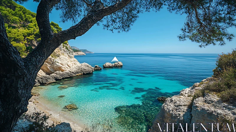 Tranquil Beach Scene with Clear Water and Boat AI Image