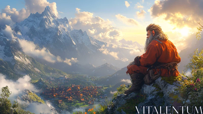 Old Man Overlooking Mountain Village AI Image