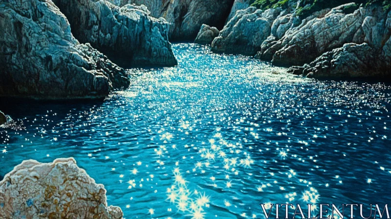 AI ART Glittering Sea and Rocks under Sunlight