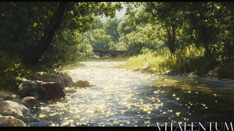 Tranquil Forest River with Sunlit Reflections and Bridge AI Image