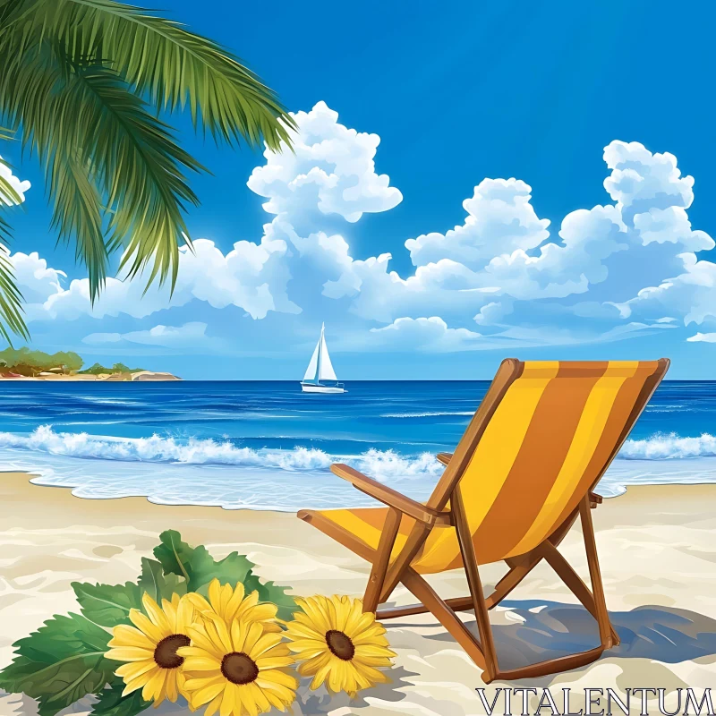 Seaside Relaxation with Sunflowers and Sailboat AI Image