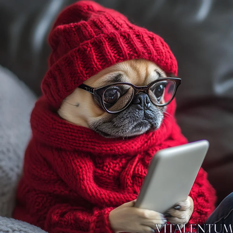 AI ART Cute Pug Wearing Glasses and Red Knit Outfit with Smartphone