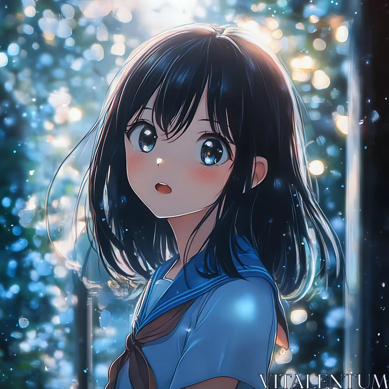 Anime Schoolgirl in Dreamy Bokeh Setting AI Image