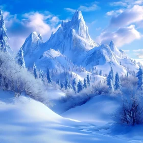 Snowy Mountain Peaks and Fir Trees