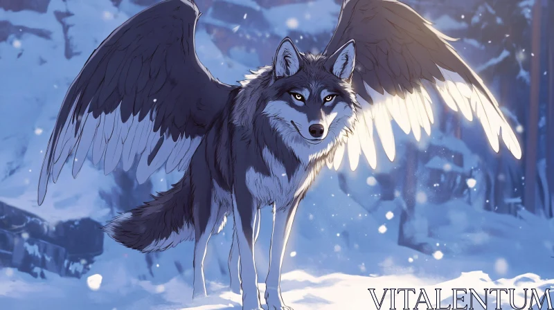 Fantasy Wolf with Wings in Snow Scene AI Image