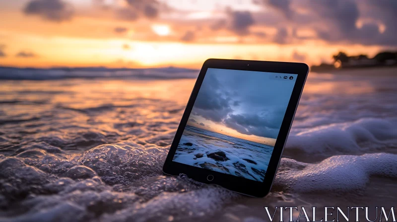 Sunset Reflection on Tablet by the Sea AI Image