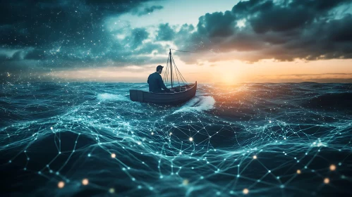 Man in Boat on Connected Ocean