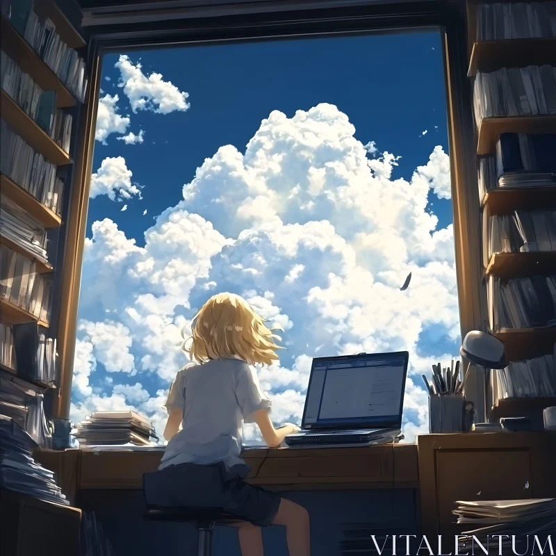 Sunlit Study Scene in Anime Style AI Image