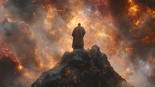Man on a Peak Gazing at Nebula